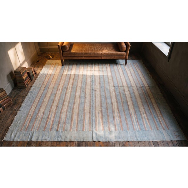 Textile Splendid Sky Blue Ground Color & Narrow Horizontal Line Pattern Antique Indian Cotton Dhurrie Rug For Sale - Image 7 of 7
