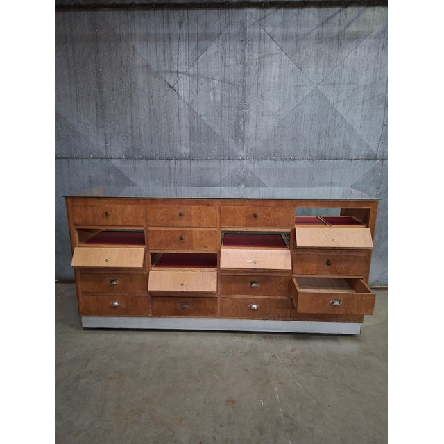 Vintage Wooden Haberdashery Display Counter with 20 Drawers and Glass Top For Sale - Image 11 of 16