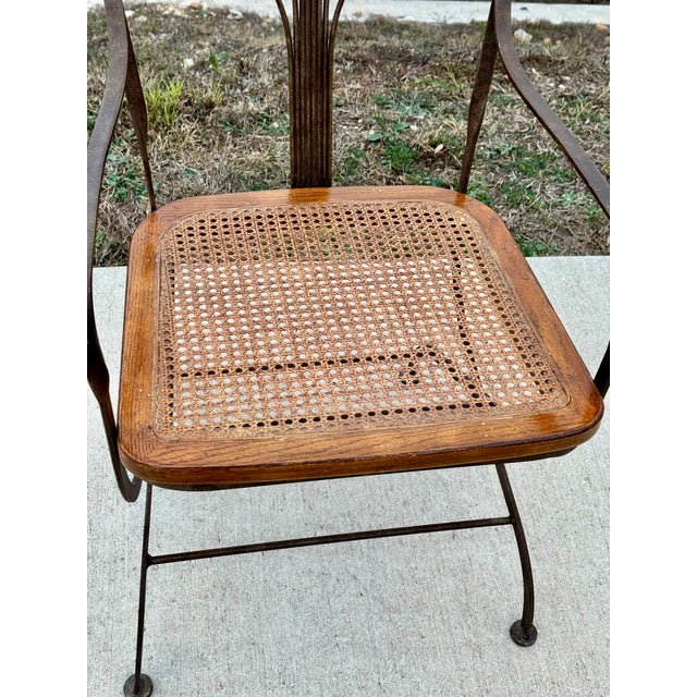 Vintage Drexel Heritage Bronze Wrought Iron, Wood, Woven Cane Set of Four Arm Chairs For Sale - Image 13 of 14