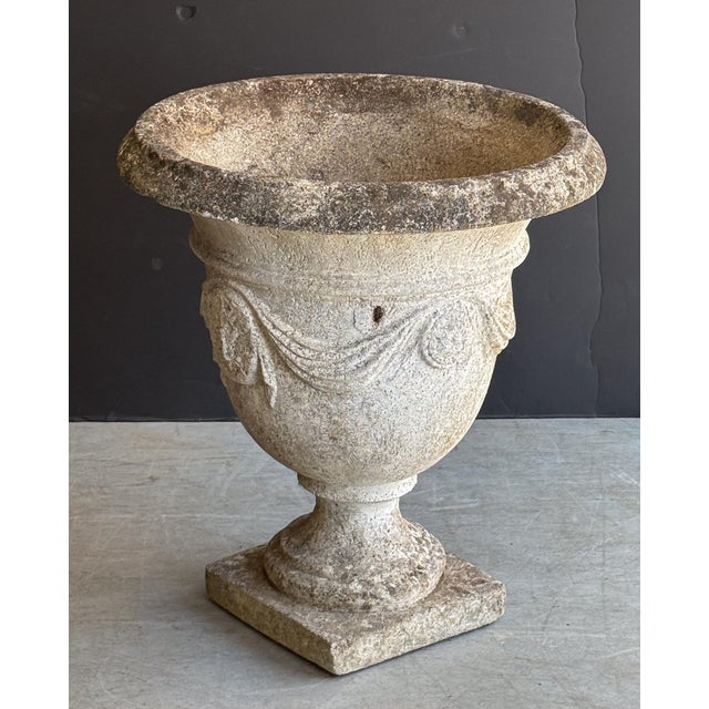 English Garden Stone Urn or Planter Pot With Garland Motif For Sale - Image 4 of 13