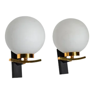 Maison Lancel Pair of Sconces Brass Steel & Round Opaline Glass Shade France