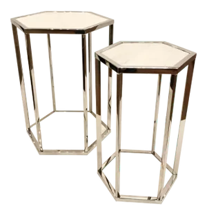 Set of Modern Polished Nickel and White Marble Hexagonal Side Tables - a Pair