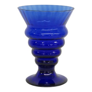 Cobalt Blue Ribbed Glass Goblet Vase Vessel With Flared Rim Art Deco Style 4878b For Sale