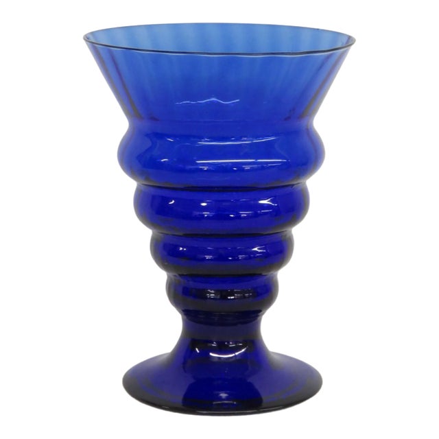 Cobalt Blue Ribbed Glass Goblet Vase Vessel With Flared Rim Art Deco Style 4878b For Sale
