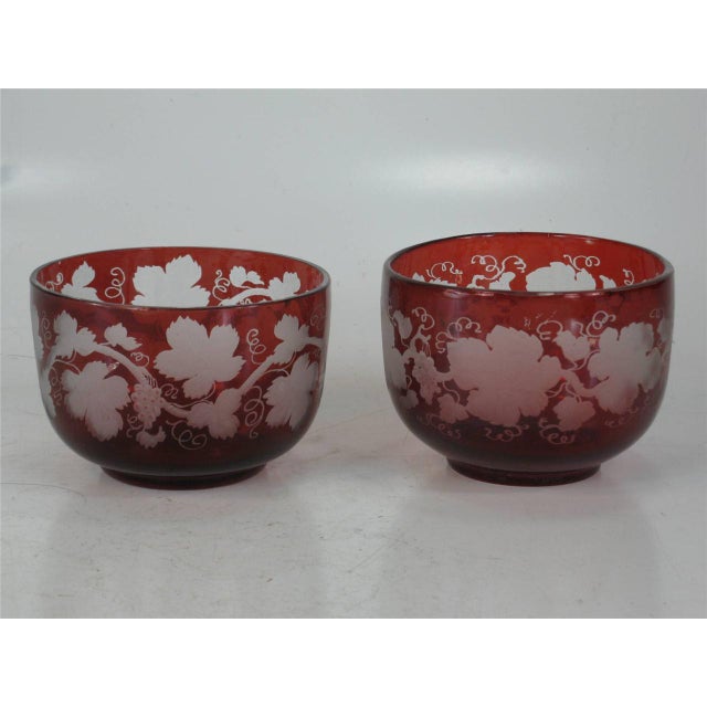 Antique Bowls Ruby Bohemian Glass Red Flashed Engraved Copper Wheel Grape Leaf - Set of 4 For Sale - Image 12 of 12