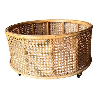 Round Cane and Bamboo Plant Holder on Wheels For Sale