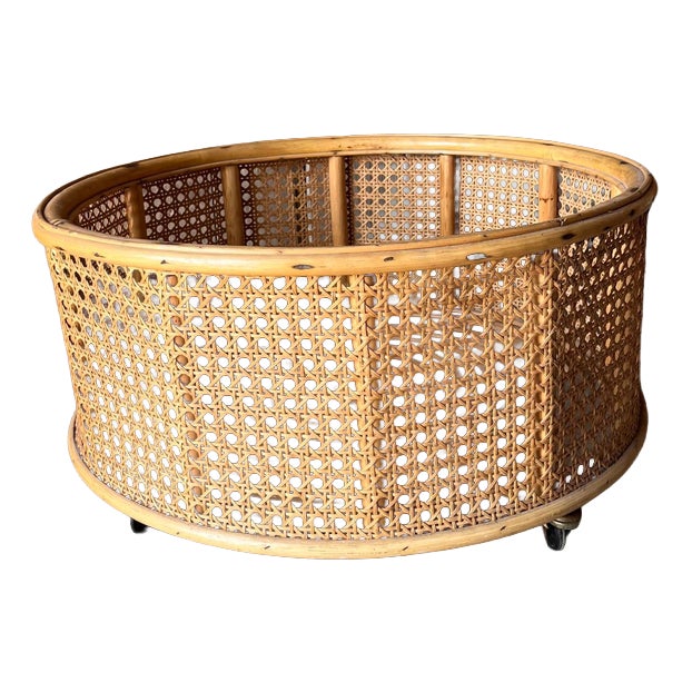 Round Cane and Bamboo Plant Holder on Wheels For Sale