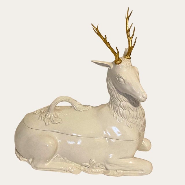 Modern Vintage Mottahedeh Majestic Stag or Reindeer Tureen Holiday Table Decoration or Serving Tureen With Gold Antlers For Sale - Image 3 of 5