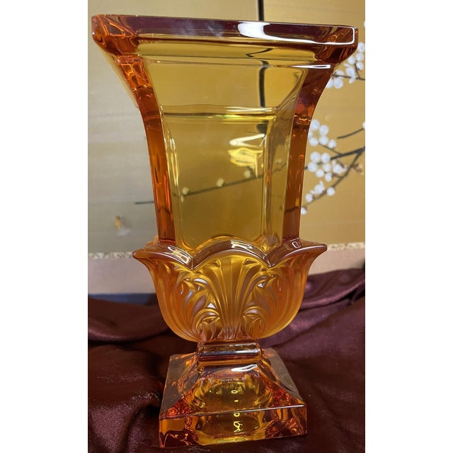 Art Deco Mid 20th Century Josephinenhutte Acanthus Amber Crystal Vase, Orig Sticker For Sale - Image 3 of 3