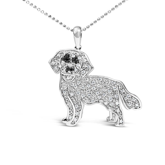 .925 Sterling Silver 1/3 Cttw White and Black Diamond Labrador Retriever Dog Pendant Necklace (I-J Color, I2-I3 Clarity) - 18" Inches For Sale