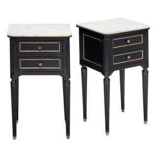 Pair of French Louis XVI Style Ebonized and Brass Marble-Top Side Tables For Sale