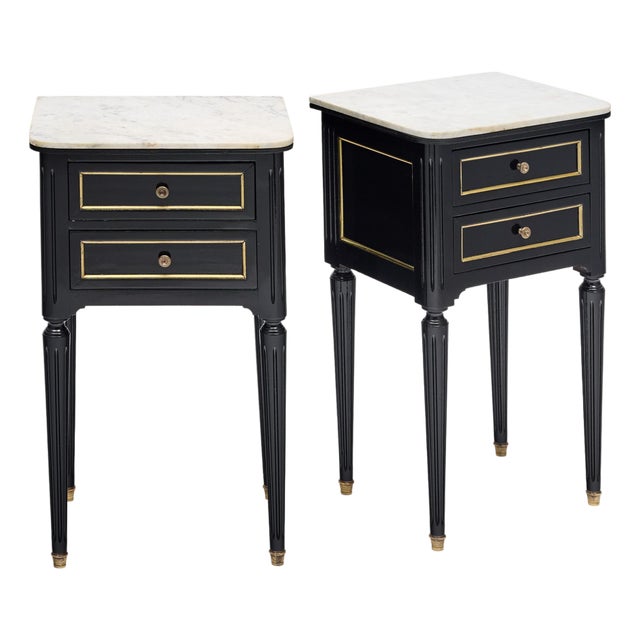 Pair of French Louis XVI Style Ebonized and Brass Marble-Top Side Tables For Sale