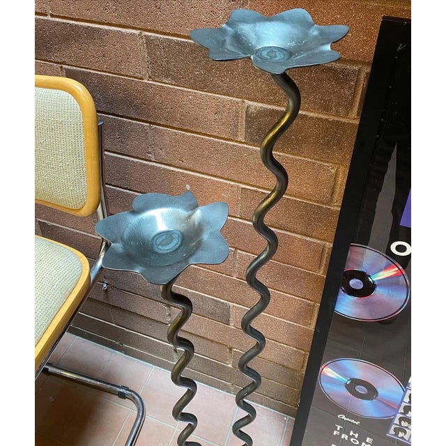 1990s Four Feet Tall Postmodern Hand Forged Steel Curvy Pedestal Sculpture Double Candelabra Display For Sale - Image 5 of 7