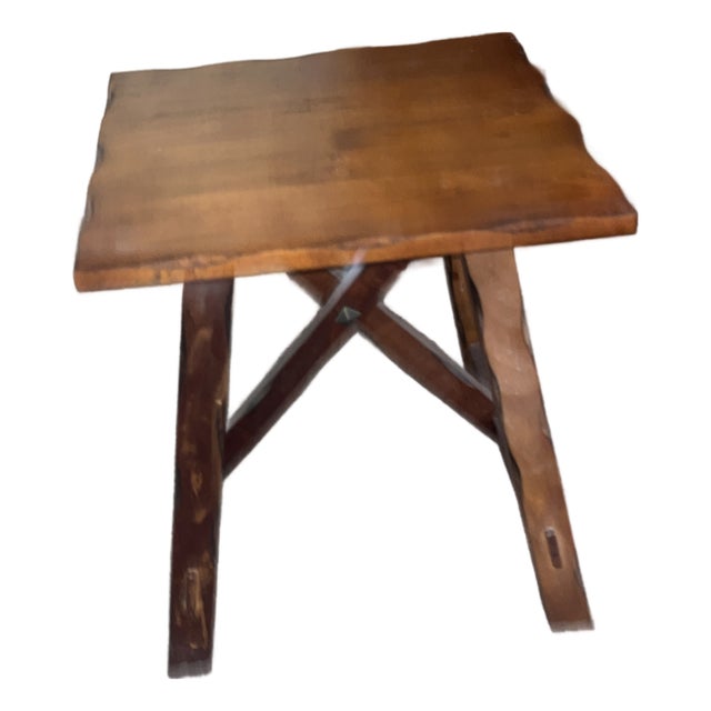 1970s Vintage Rustic Live Edge X-Base Side Table With Iron Clavos For Sale