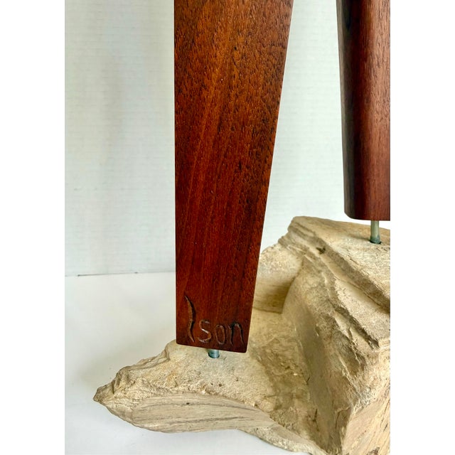 Signed Modernist Abstract Wood Figures Sculpture on Stone Base For Sale - Image 9 of 10