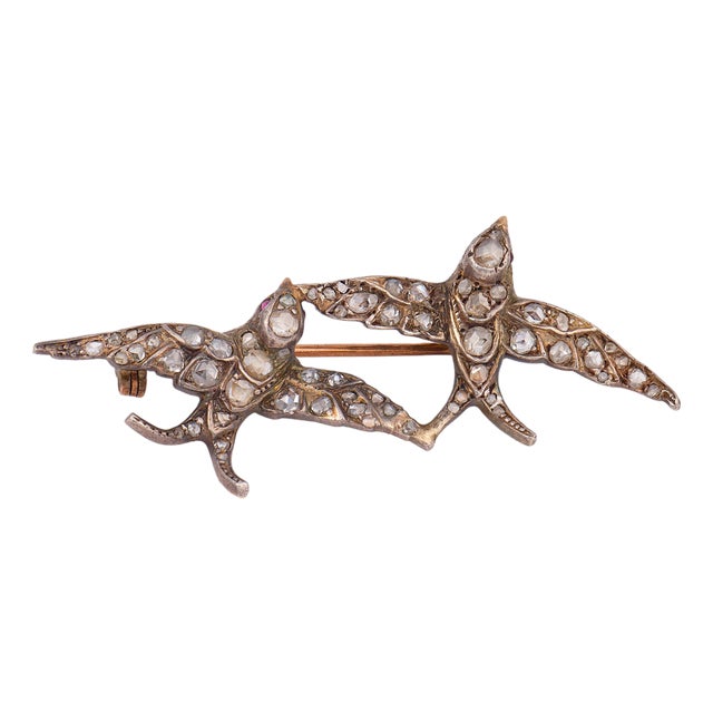 Antique Rose Cut Diamond 14k Rose Gold Silver Top Double Bird Brooch For Sale