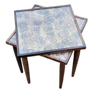 Vintage 1960s Wood Square Stacking Side Tables With Glass Tops, a Pair For Sale