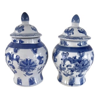 Petite Vintage Blue and White Ginger Jars, a Pair For Sale