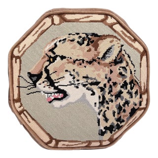 Vintage Leopard Needlepoint Pillow With Velvet Backing For Sale