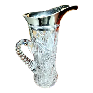 Beautiful Antique 19th Century American Brillant Fine Lead Cut Crystal Pitcher W/Sterling Silver Mounted Spout