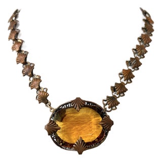 Art Deco Copper and Glass Pendant Necklace For Sale
