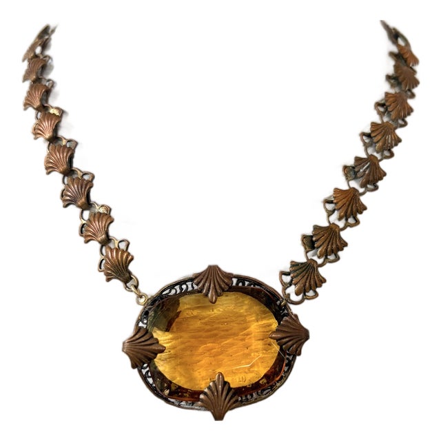 Art Deco Copper and Glass Pendant Necklace For Sale