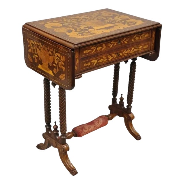 19th C Dutch Marquetry Inlay Regency Style Drop Leaf Sewing Stand Side End Table For Sale