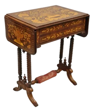 19th C Dutch Marquetry Inlay Regency Style Drop Leaf Sewing Stand Side End Table