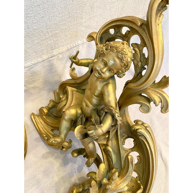 Gold Pair of French Early 19thC Louis XV Style Gilt Andirons Chenets For Sale - Image 8 of 9