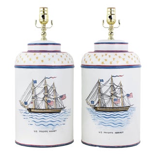 Pair of Vintage Hand-Painted u.s. Frigate Hornet Patriotic Tole Table Lamps For Sale
