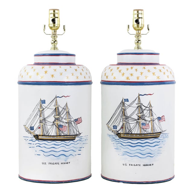 Pair of Vintage Hand-Painted u.s. Frigate Hornet Patriotic Tole Table Lamps For Sale