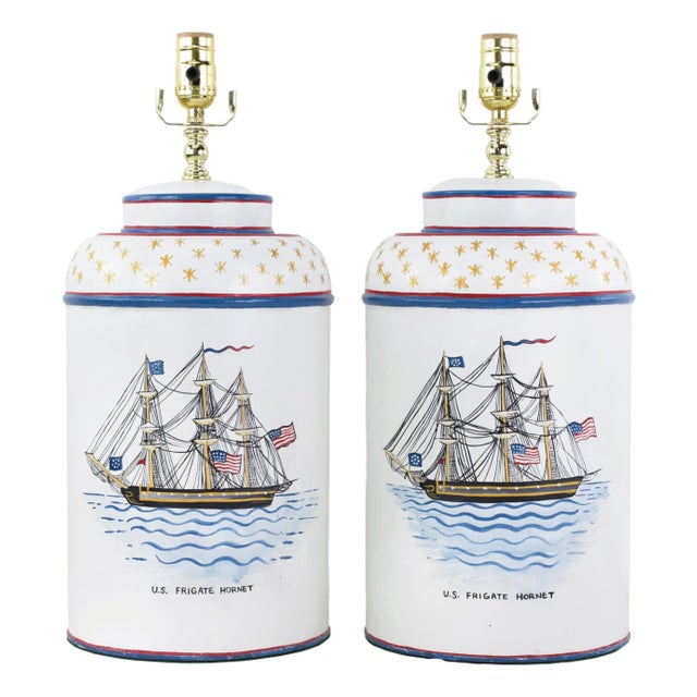 Vintage Hand-Painted u.s. Frigate Hornet Patriotic Tole Table Lamps - a Pair For Sale