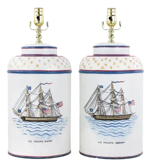 Vintage Hand-Painted u.s. Frigate Hornet Patriotic Tole Table Lamps - a Pair