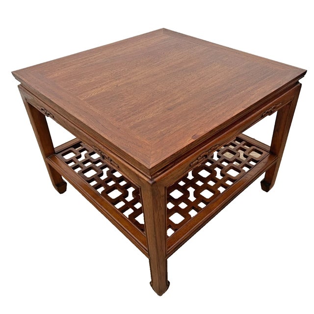 Asian 1960s MCM Ming Style Wood Coffee / End Table With Open Geometric Fretwork Lower Shelf For Sale - Image 3 of 12