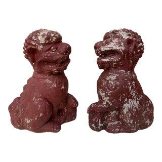Antique Chinoiserie Cast Stone Foo Dogs With Timeworn Painted Finish, Pair For Sale