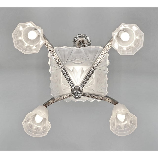 Degue French Art Deco Chandelier 1930s - Square Geometric Frosted Glass For Sale - Image 6 of 10