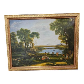 20th Century School, Entertainment Landscape Beside a River, Oil on Canvas Frame, Large For Sale