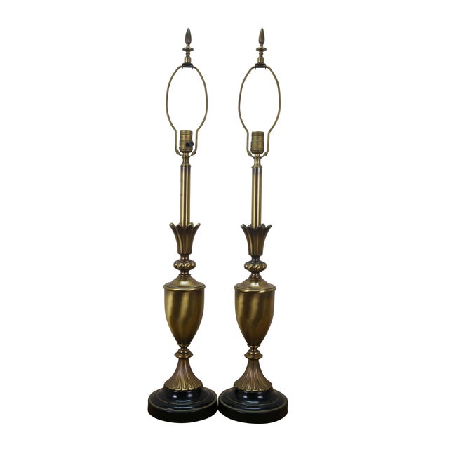 Mid 20th century brass table lamps - Neoclassical / Hollywood Regency style trophy urn shape with sweeping fluted base and...