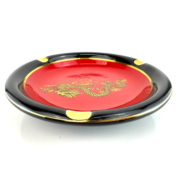 Red Vintage Italian Black and Red Ceramic Ashtray With Gilt Dragon Motif For Sale - Image 8 of 10