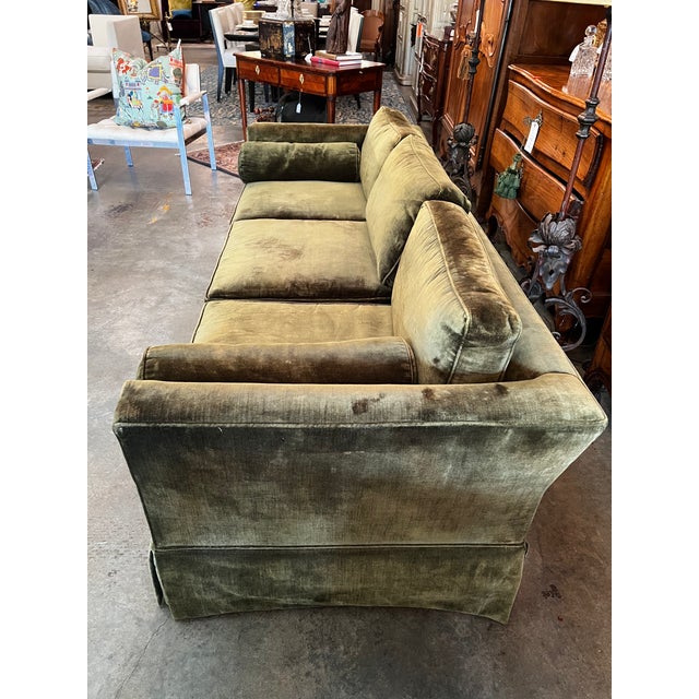 Textile Vintage Moss Green Velvet Skirted 3-Seat Sofa For Sale - Image 7 of 7