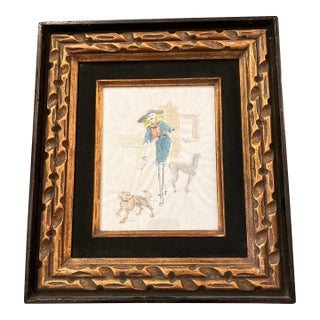 1950’s Original Ink Drawing/Watercolor Fashion Woman Walking Dogs in City Chunky Vintage Frame For Sale