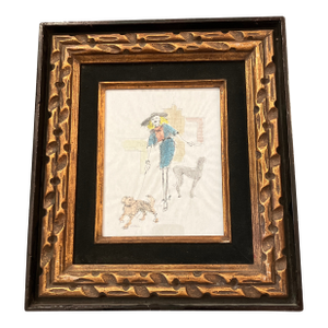 1950’s Original Ink Drawing/Watercolor Fashion Woman Walking Dogs in City Chunky Vintage Frame