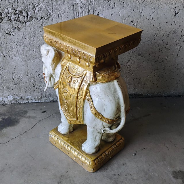 Mid-Century Modern Mid 20th Century Hollywood Regency Gold & White Ceramic Elephant Garden Seat Plant Stand For Sale - Image 3 of 7