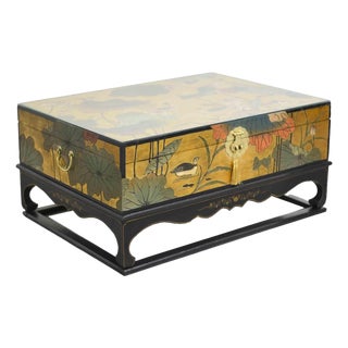 Mid Century Chinoiserie Gold Lotus & Birdlife Motif Coffee Table For Sale