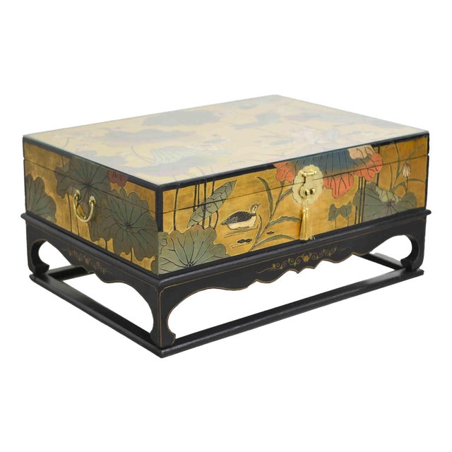 Mid Century Chinoiserie Gold Lotus & Birdlife Motif Coffee Table For Sale