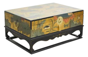 Mid Century Chinoiserie Gold Lotus & Birdlife Motif Coffee Table