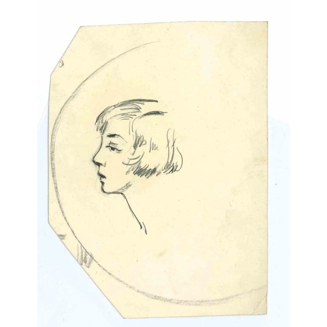 The Profile of Woman is an Original Drawing in pencil on creamy-colored paper realized by Micheline Resco in the mid-20th...