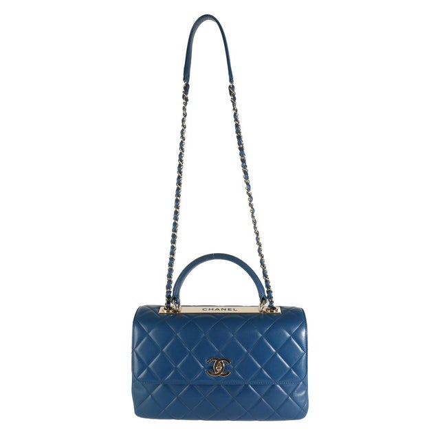 Blue Navy Quilted Lambskin Medium Trendy Top Handle Bag For Sale - Image 8 of 8