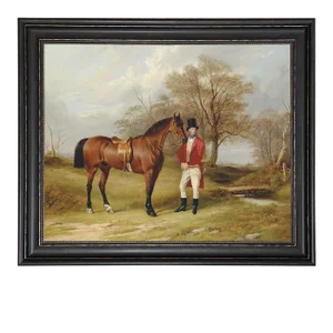 "Gentleman Standing Beside Saddled Hunter" Contemporary Reproduction Print on Canvas, Framed 28.75" x 34.75"