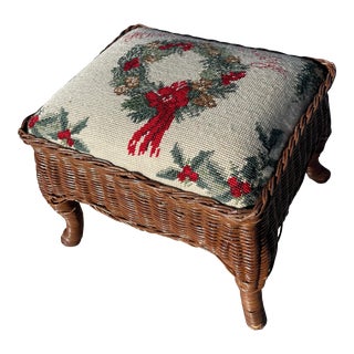 Wicker and Needlepoint Holiday Themed Foot Stool For Sale